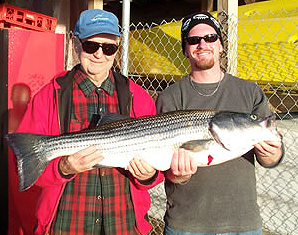 2 men holding a recently caught large striped bass